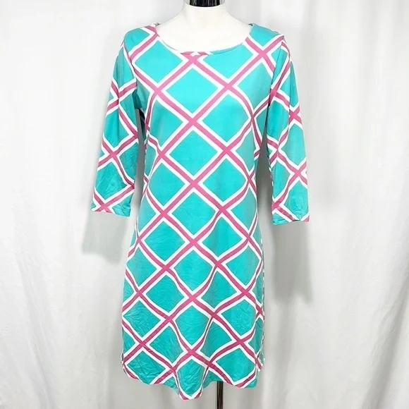 MAHI GOLD | Dresses | Mahi Gold Bimini Dress Pink Turquoise Diamond Size  Small Boatneck 34 Sleeves | Poshmark